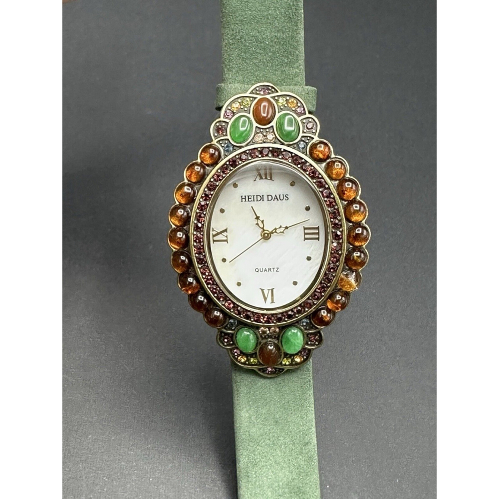 Heidi Daus Mother of Pearl Genuine Leather Watch. EUC. Multi Stone